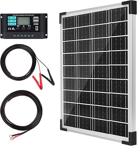 TBER Kit de panel solar de 20 W 12 V, cargador de batería solar con controlador de carga de 10 A y cables de extensión con clips de batería,