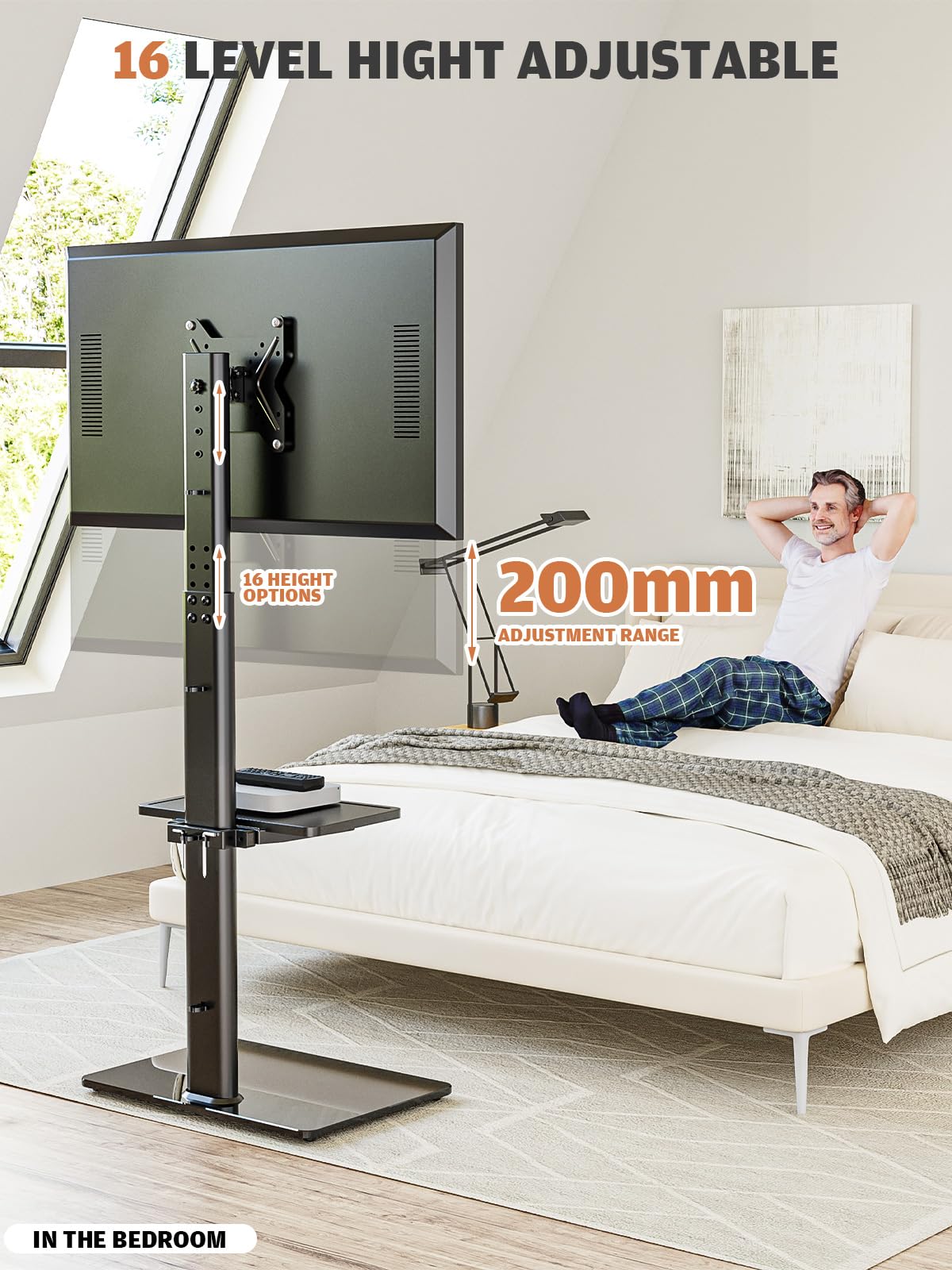 Hemudu Supporto TV da Pavimento Regolabile in Altezza 16 Livelli, Porta TV da Terra Mobile per TV LCD LED da 19 a 43 Pollici, Staffa TV Girevole 100º, Fino a 45 kg, Max VESA 200 x200 mm, 2 Ripiani