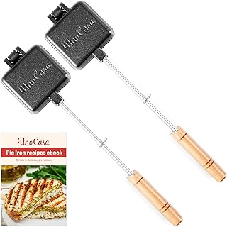 Uno Casa Small Double Pie Iron Sandwich Maker Set of 2 - Japanese Sandwich Maker with Recipe Book - Durable Campfire Cooking Equipment for Grilled Sandwiches, Pies, and Breakfast Treats