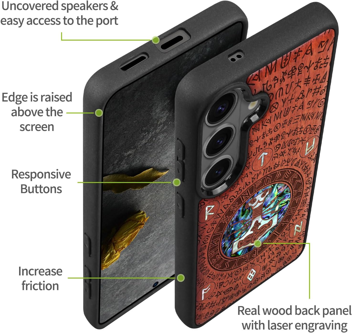Carveit Magnetic Wooden Case for Samsung Galaxy S26 Case, Wood Artisan Engraved & Handmade Shell Inlaid, Compatible with MagSafe Wireless Chargers (Thors Hammer) Rosy