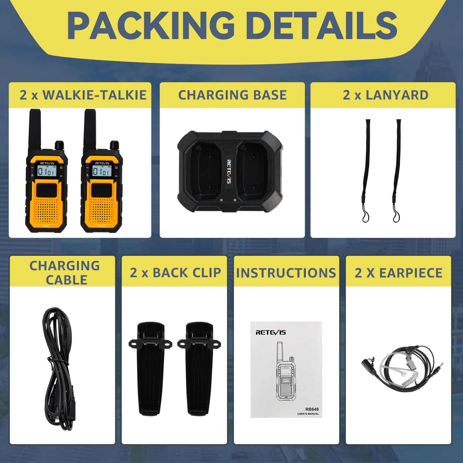 Retevis RB648 Walkie Talkie Impermeabile, Walkie Talkies Resistente, Tripla Prova Avanzata, IP67 Doppio PTT, Vibrazione SOS, Radio Bidirezionale 2000 mAh con Auricolare per Cantiere (2 Pezzi, Giallo)