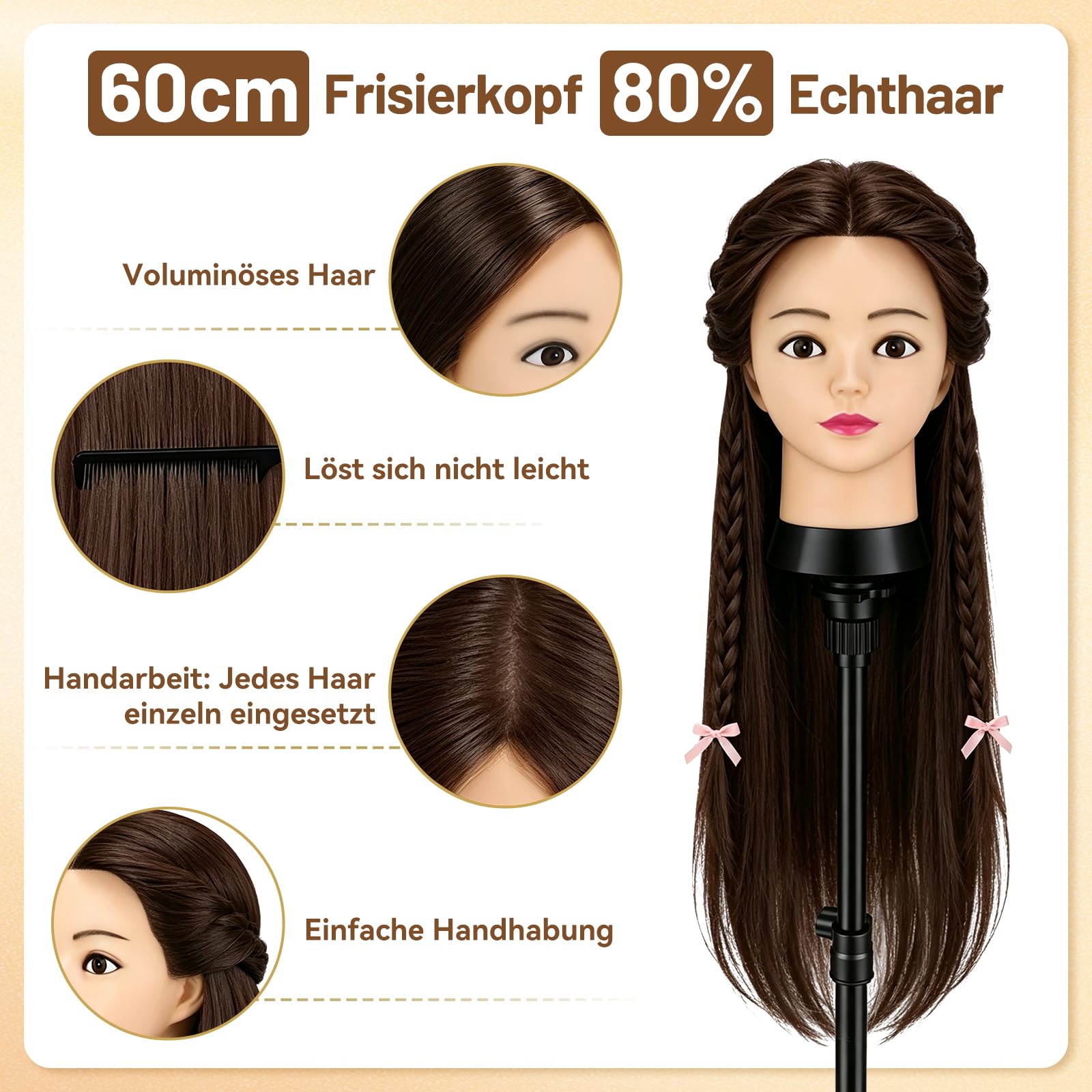 TwoWin 60 cm Trainingsköpfe Friseur, 24 Zoll Frisierkopf mit 80% Echthaar | Übungskopf Friseurkopf Puppenkopf mit Tischhalter + Haar Styling Braid Set (Rotbraun)