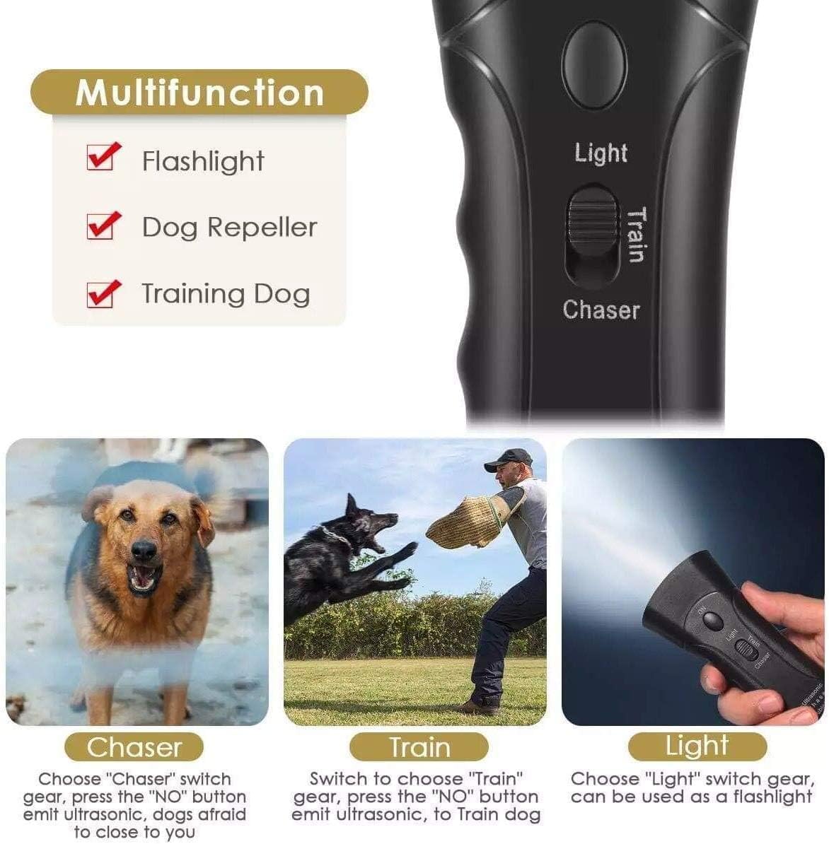 Dogs Repellerr, Anti Dog Barking Device, Anti Barking Ultrasonic tranier, Sonic Dog Repeller Device, LED Dog Repeller Trainer with Flash Light (Black)
