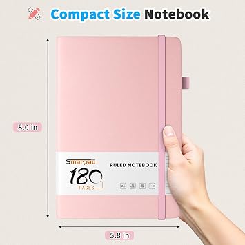 Smarpau A5 Journal Notebook, 180 Pages Hardback Lined Notebook, Thick Leather Journal for Women, No Bleed for Writing, Notepad for Office School Travel (Light Pink)