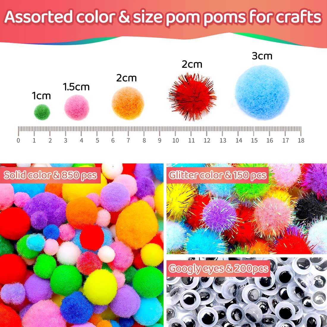 Iooleem Multi-Color Pom Poms, 1200pcs Assorted Size & Color, Pom Poms for Arts and Crafts, Pom Pom Balls with Wiggle Eyes in jar, Glitter Pom Poms, Craft Supplies.