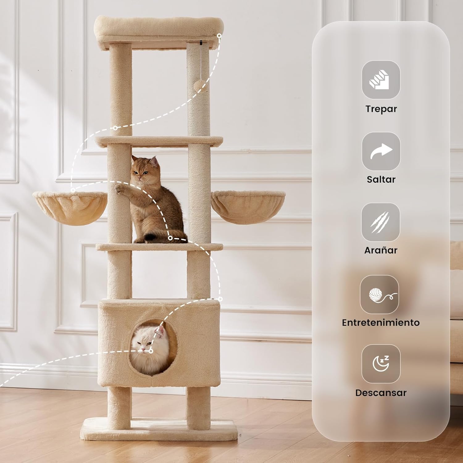 Gardner Pet Rascador para Gatos 165 cm-Beige | Poste de Sisal, 6 Niveles Ultra-Estable, Diseño Anti-Oscilante, Posaderos Superiores Lavables, Castillo para Gato