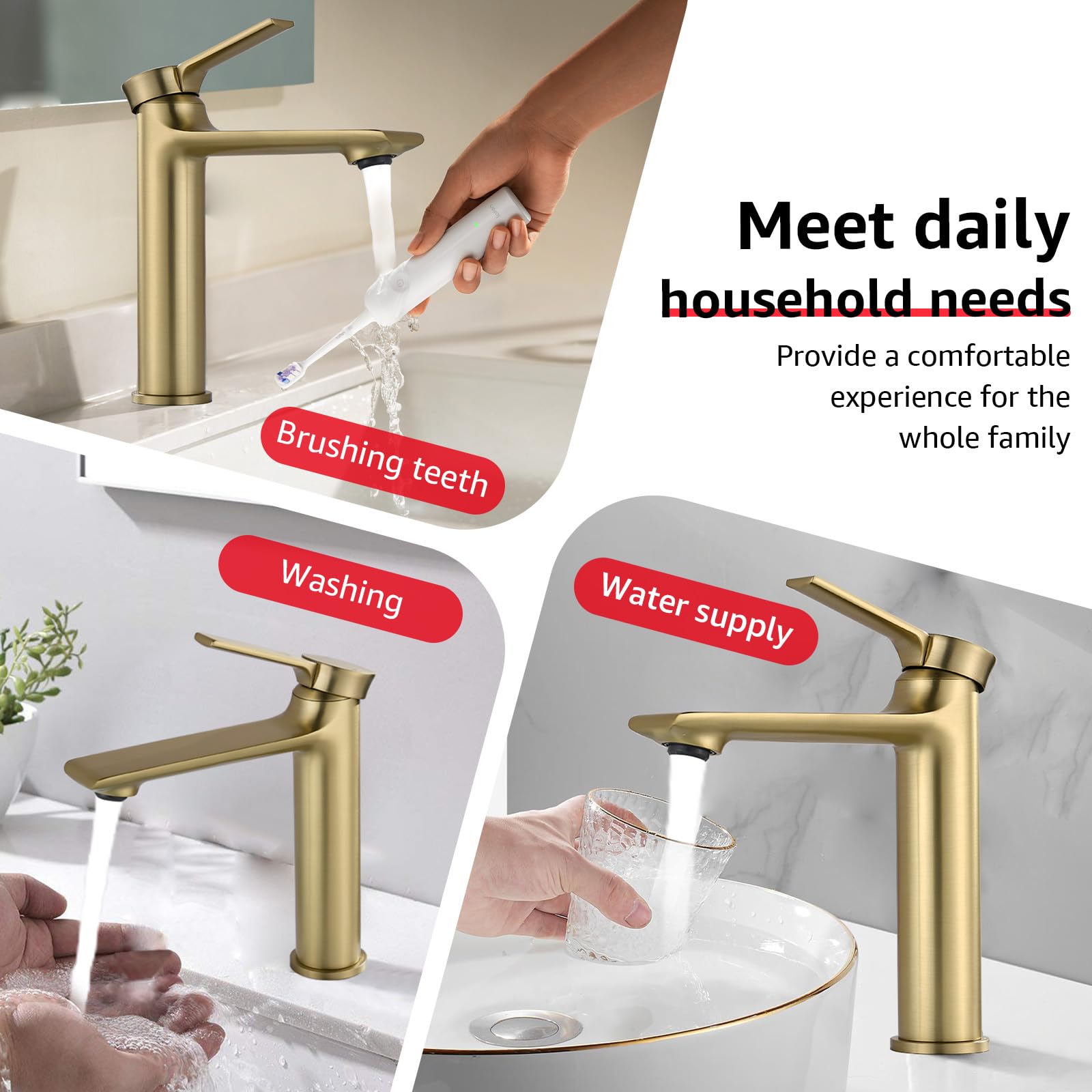 Grifo Lavabo,Grifo De Baño,Griferia Baño Caliente,Grifos Monomando Lavabo De Laton,Monomando,grifo De Lavabo,con Enlaces De Alimentación Flexibles Y Aireador (Oro cepillado, Bajo: 192 x 187 mm)