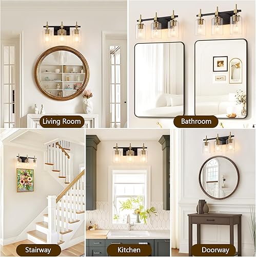 Miniatura 6 de Asnxcju Lámparas de baño de 3 luces negras y doradas, luces de tocador para baño con pantalla de vidrio texturizado, iluminación moderna de pared