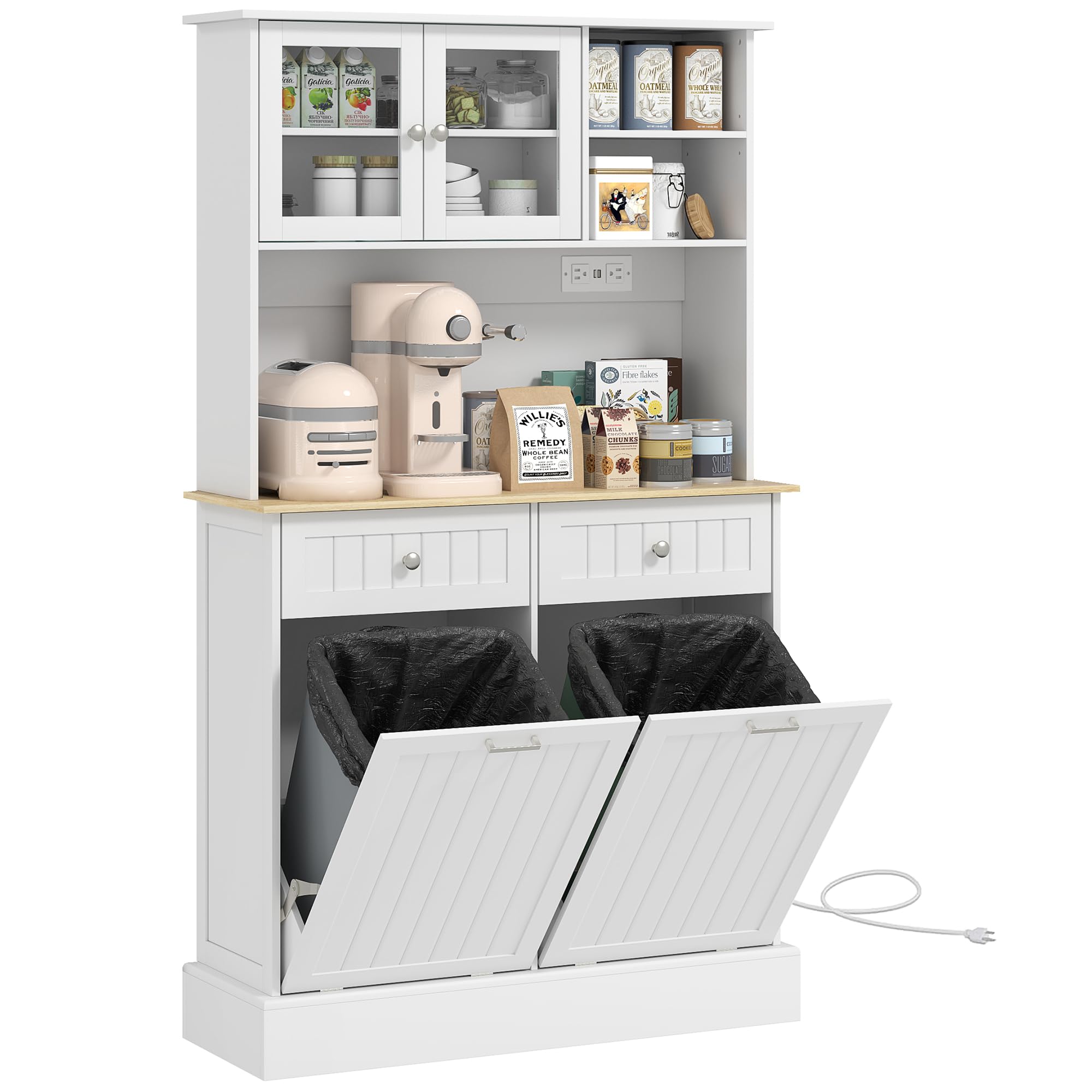 HOMCOM 68" Kitchen Pantry Storage Cabinet with Charging Station, 2 Tilt Out 10 Gallon Trash Can Cabinets and Drawers, Freestanding Kitchen Hutch with Glass Doors and Adjustable Shelf, White