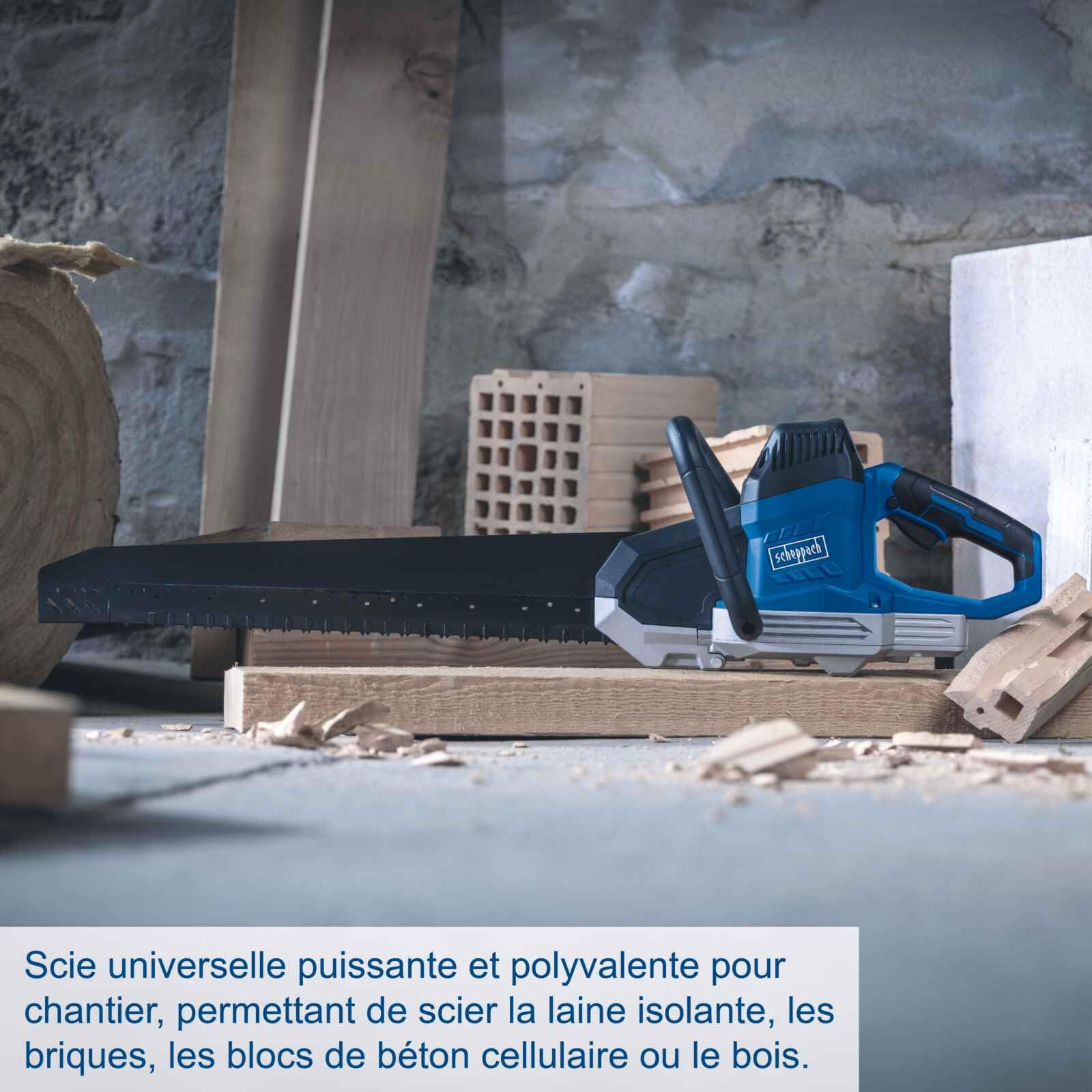 Scheppach Elektro Universalsäge AZE430 Ziegelsäge mit 4m Kabel | Leistung 1500W | Schnittlänge 430mm | Hub 40mm | mit Schnellstopfunktion & Absaugadapter | für Ziegel, Holz, Gasbetonstein & Dämmwolle