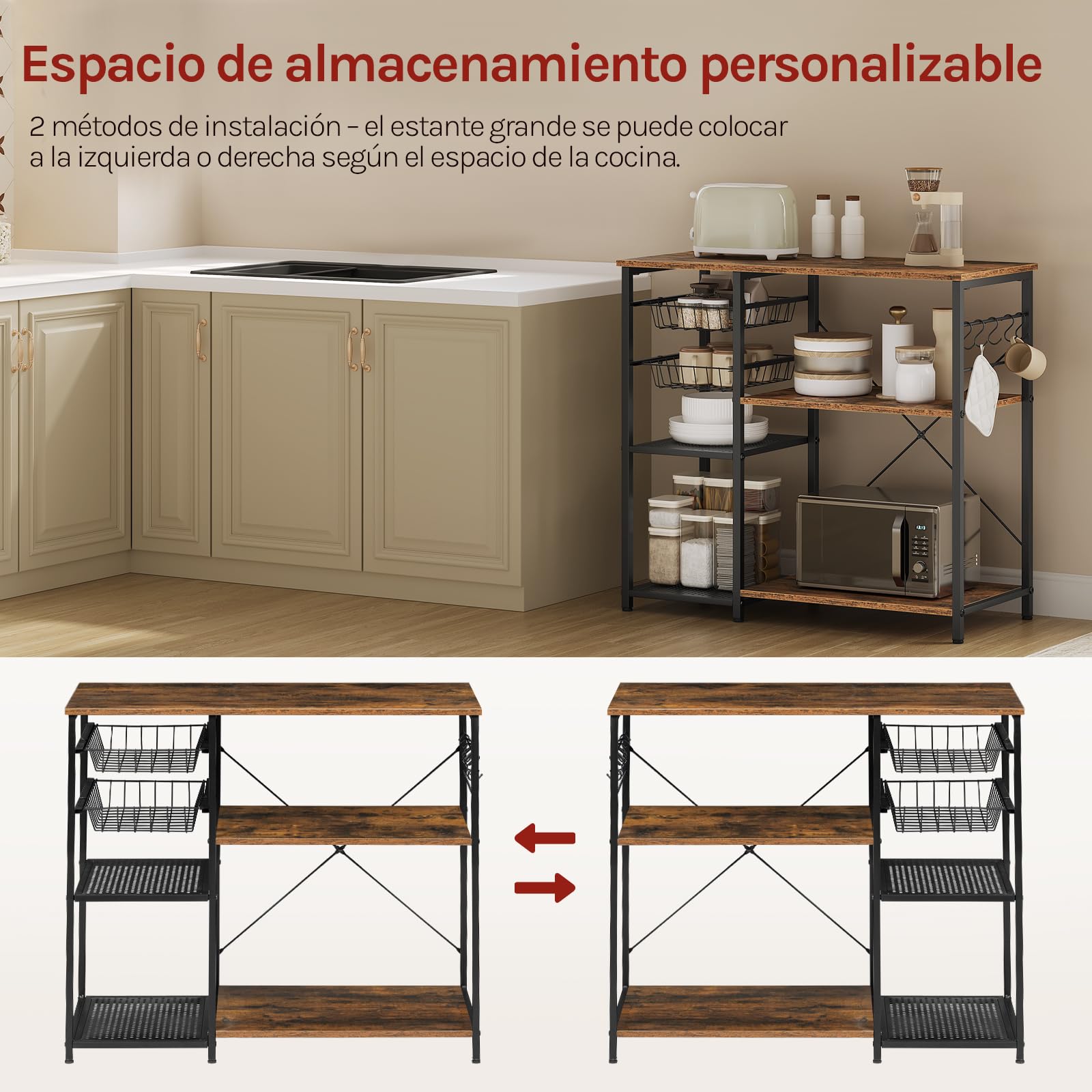 WOLTU Estanteria Almacenaje con 2 Cestas y 2 Estantes de Malla Metálica, Estantes de Soportede para Microondas con 5 Ganchos, Organizador Cocina, 90 x 40 x 82 cm, Marrón Rústico+Negro
