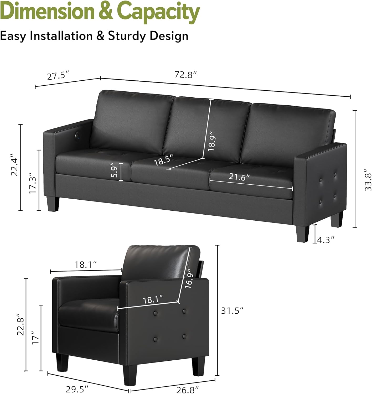 STHOUYN Black Faux Leather 3 Seater Sofa and Accent Chair, Modern Comfy Office Furniture Set, Small Loveseat Couch with Tufted Armrest and USB, 2 Pieces Living Room Furniture Sets (3+1)