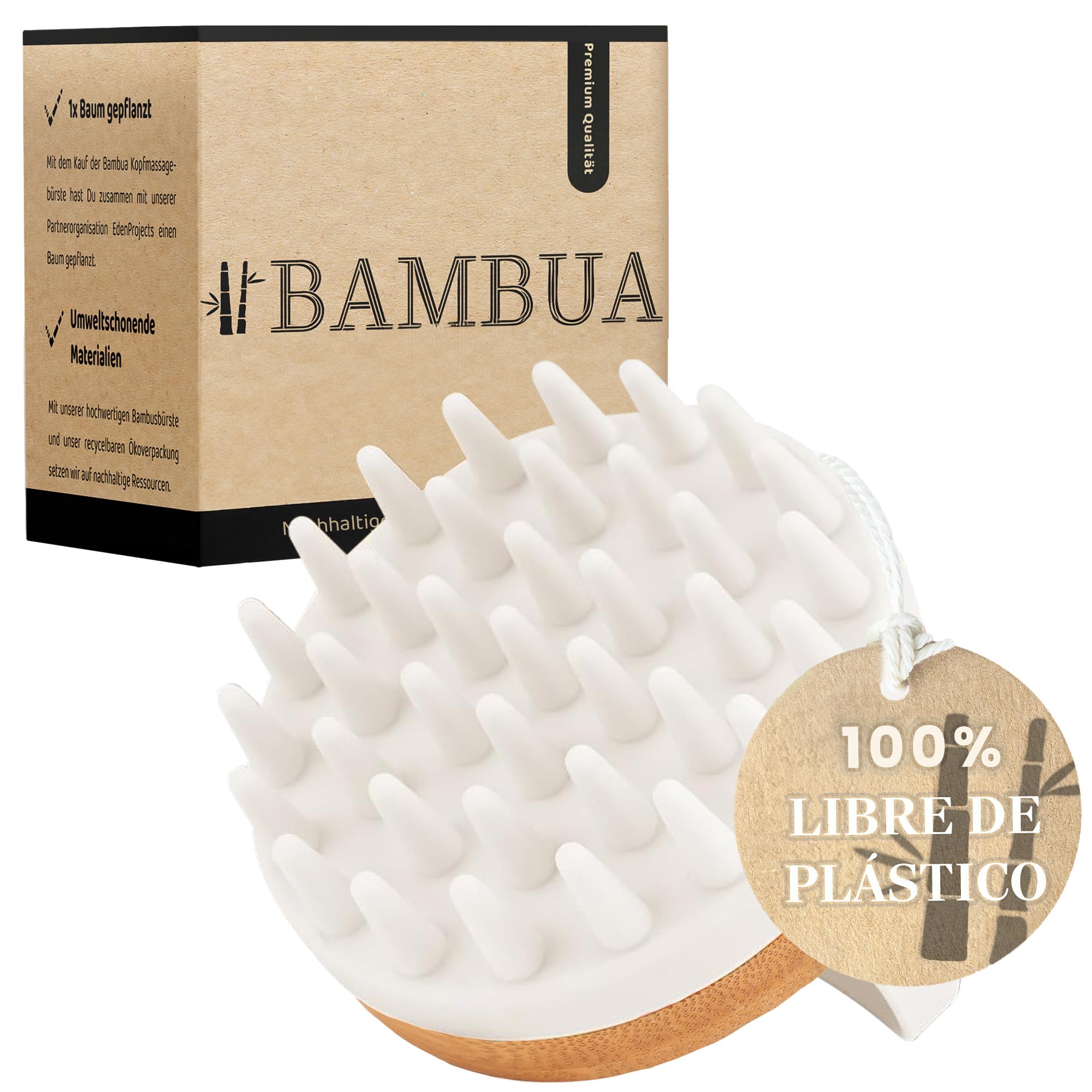 BAMBUA Cepillo Masajeador Cuero Cabelludo (Efecto Anticaspa) - Masajeador Capilar mientras te Duchas - Masajeador de Cabeza Premium - Scalp Massager - Kit de masaje incl. E-Book Cabello Sano (Blanco) Certificado ClimatePartner