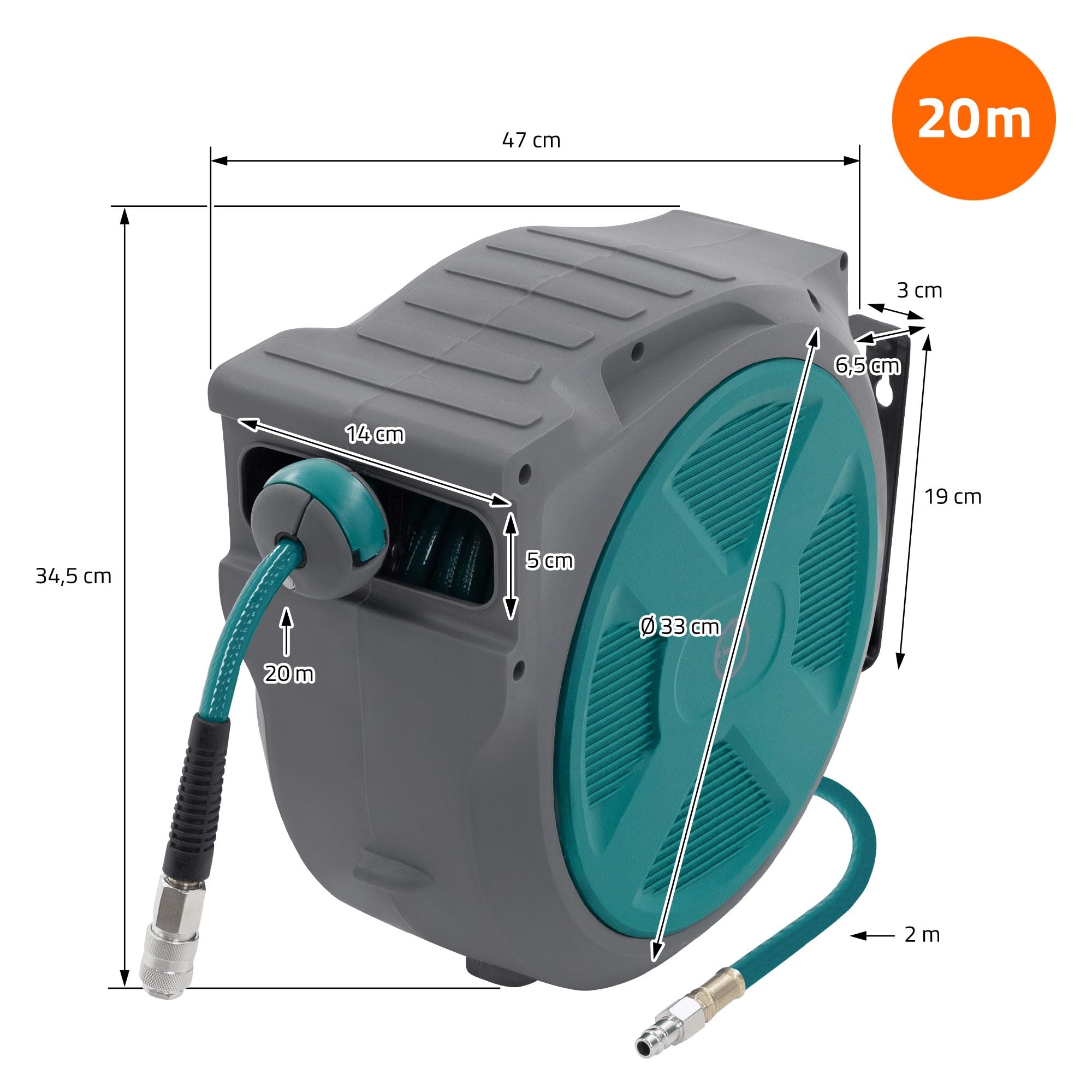 ECD Germany Druckluftschlauchtrommel 20m+2m, Automatischer Aufroller mit Arretierfunktion, 1/4" Anschluss, Schnellkupplung, 15 bar, 180° schwenkbar, Ø12mm, Automatik Schlauchaufroller für Wandmontage