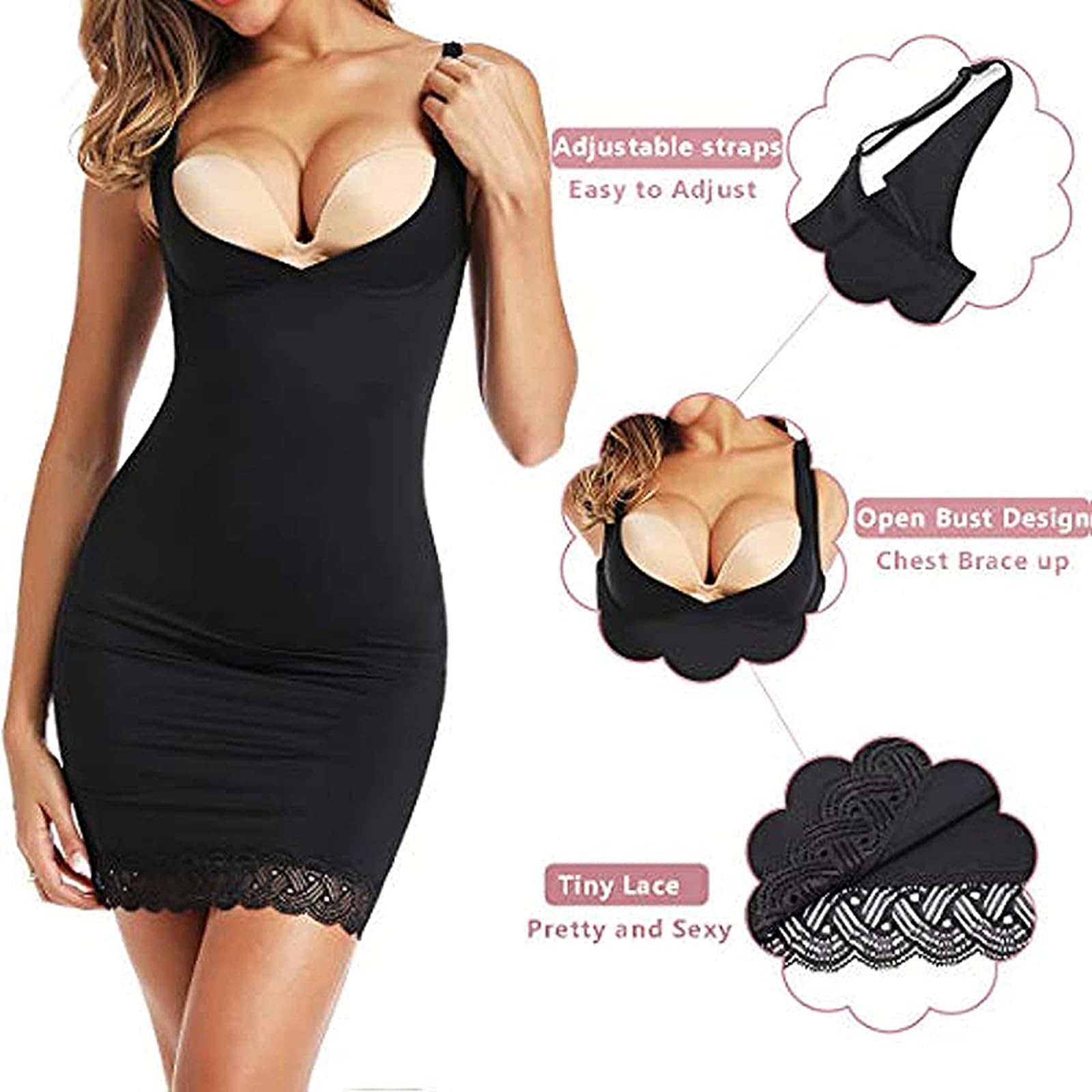 Vestido Moldeador para Mujer, Camisola con Control de Barriga, Vestido Completo con Encaje sin Costuras, Moldeador de Cuerpo Adelgazante