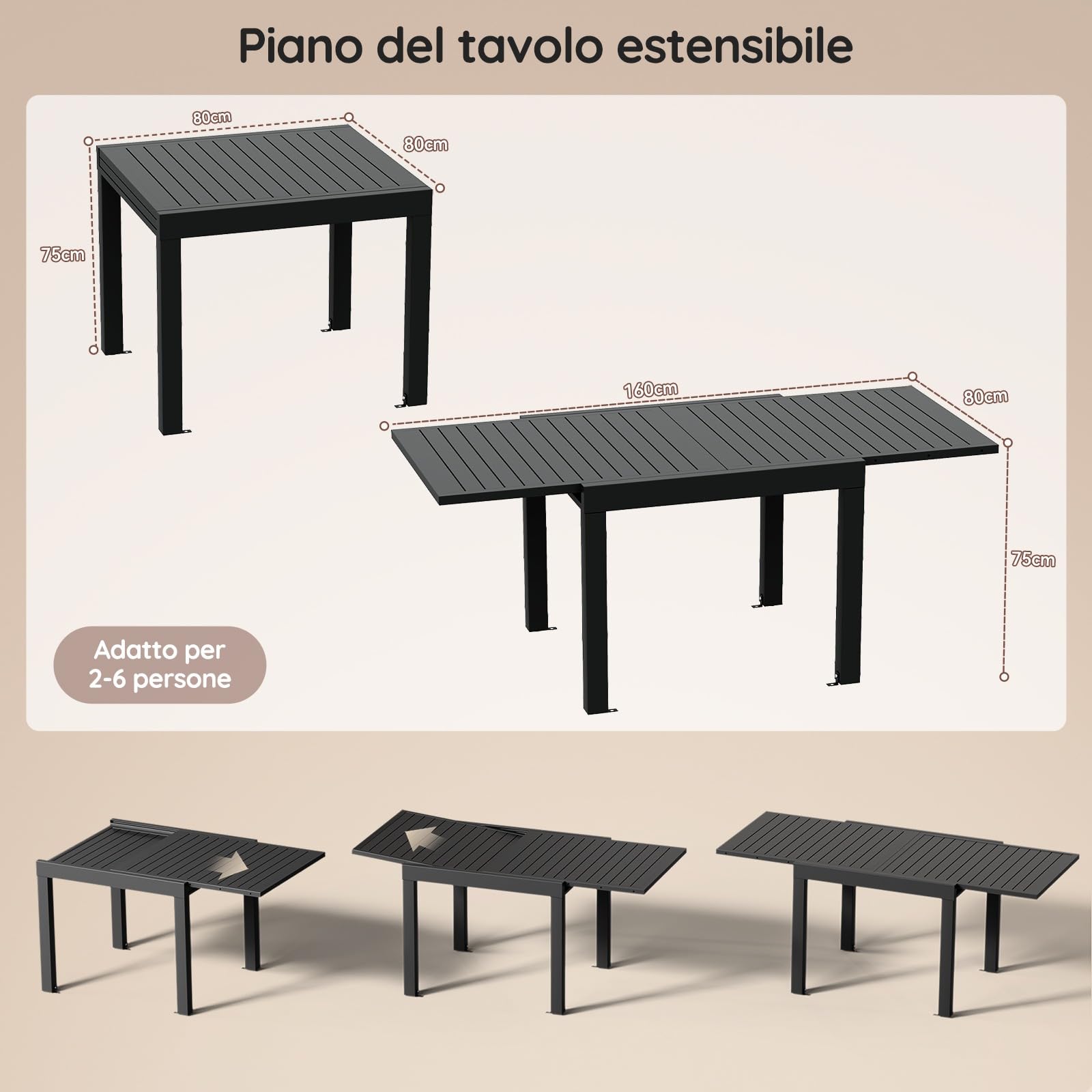 Devoko Tavolo da giardino, allungabile, 80/160 X 80 X 75 Cm, piccolo tavolo allungabile, alluminio, per balcone, resistente alle intemperie, allungabile, tavolo da pranzo per esterni, Grigio scuro