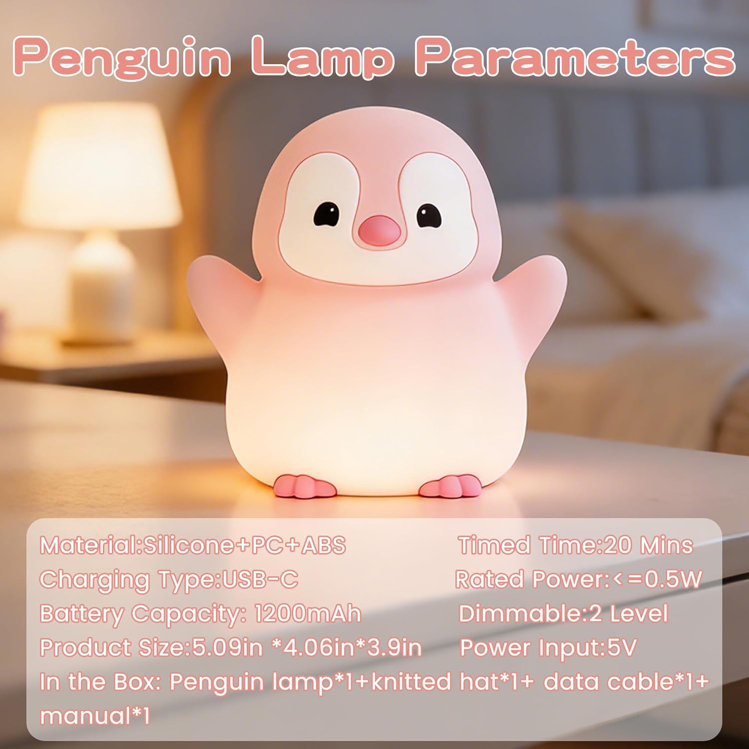 Penguin Night Light for Kids,Cute Pink Penguin Lamp,Soft Silicone Nursery Nightlight,LED Squishy Novelty Animal Bedside Lamp,Rechargeable/Dimmable/Timer,Room Deco,Christmas Gifts for Mom Girls Baby - Image 6