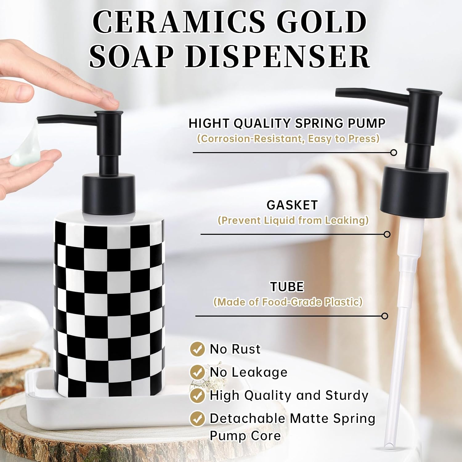 Soap Dispenser with Matte Black Pump, Ceramic Soap Dispenser Bathroom, Checkerboard Dish Soap Lotion Dispenser for Kitchen Sink, Black & White Plaid Refillable Liquid Hand Soap Bottle image 3