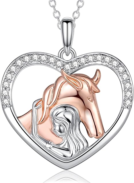 LYTOPTOP Silver Girl and Horse Necklace for Girls, Sterling Silver Cubic Zirconia Heart Pendant Necklaces Jewellery Horse Gifts for Women Horse Lover