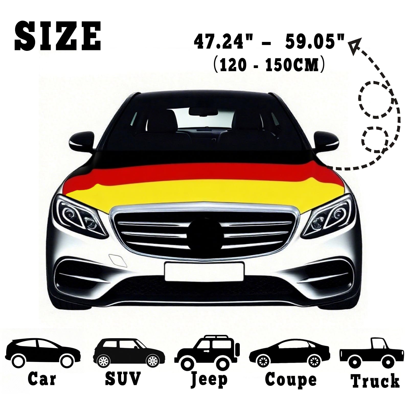 Blueshyhall Auto Motorhaubenabdeckung Flagge, 120 x 150 cm Hoch Elastische Flagge Motorhaube Abdeckhaube Auto aus Polyester Stoff, Verschleißfest Waschbar Fanartikel Fussball (DE)