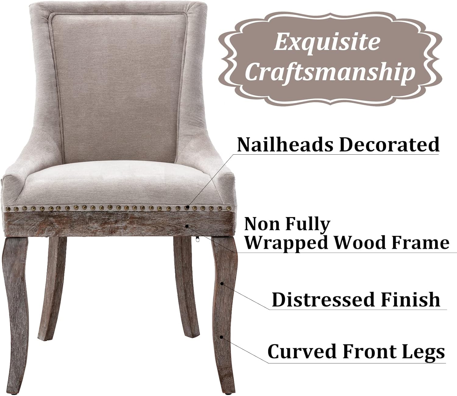 Aoowow Fabric Upholstered Side Chairs Set of 2, Solid Wood Kitchen Dining Room Chairs with Nailheads Legs (Fabric Beige)