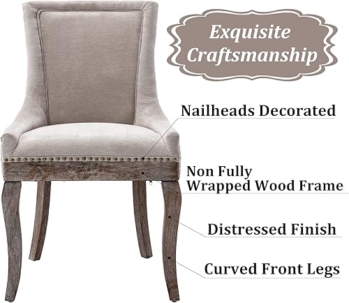 Miniatura 4 de Aoowow Juego de 2 sillas laterales tapizadas de tela, sillas de madera maciza para cocina, comedor con patas de clavos (tela beige) Tela Beige,Beige