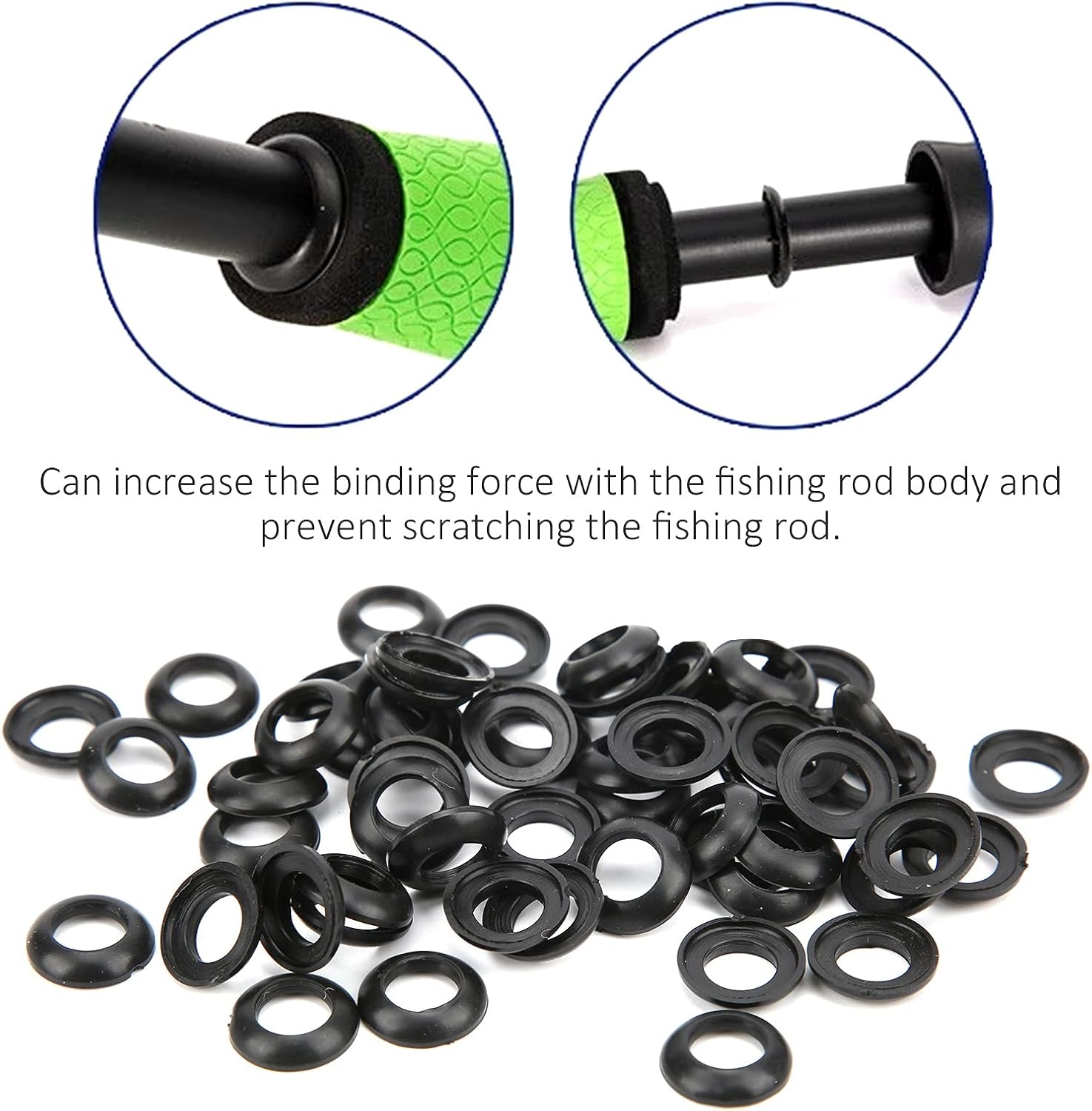 Dilwe 60PCS Fishing Rod Trim Ring, 8.5MM, Black, Silicone, Rounded, Washer, Winding Check Ring, Fishing Rod Accessories
