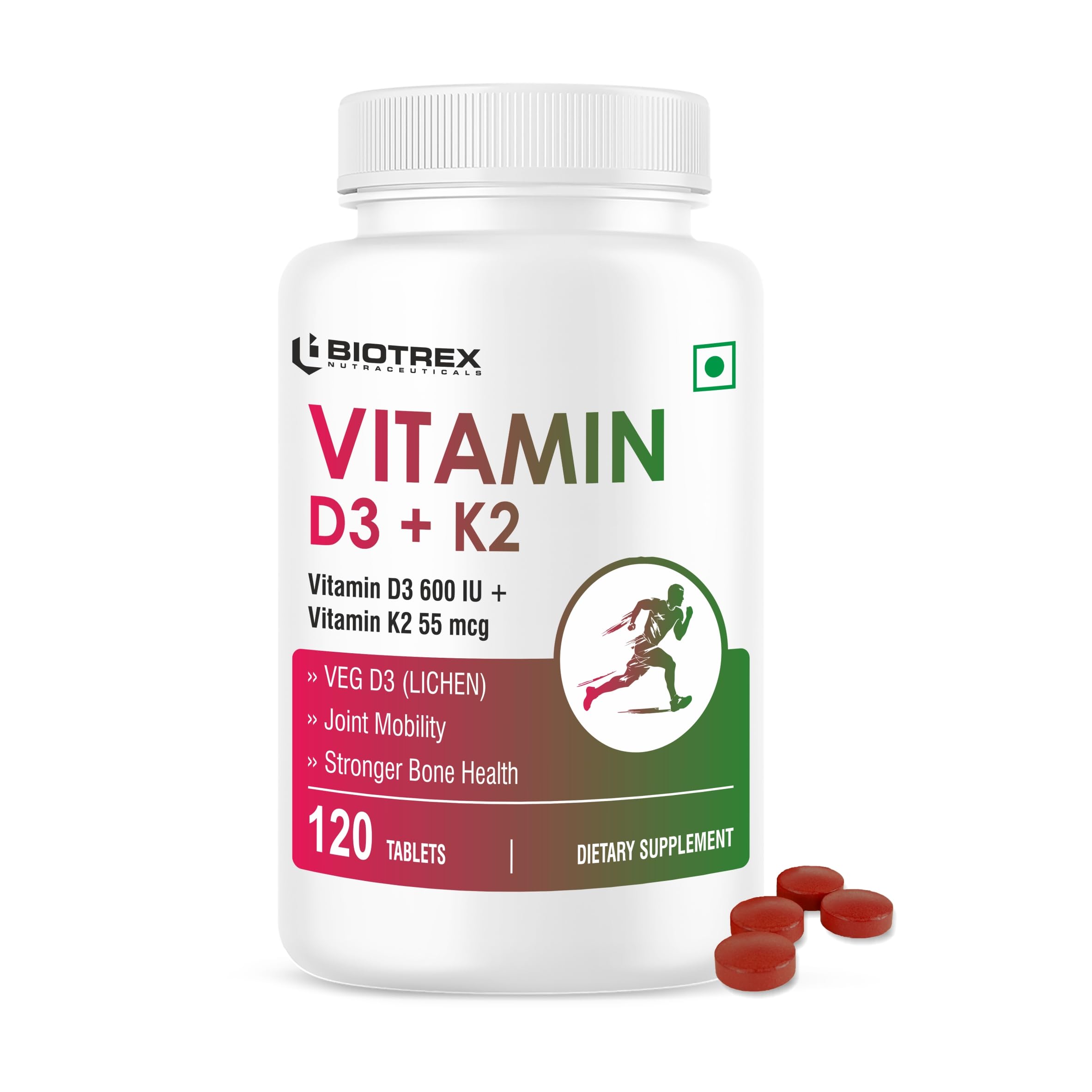 Biotrex Nutraceuticals Vitamin D3 600 IU + K2 MK7 Supplement For Advance Bone Health & Heart Health - 120 Veg Tablets-image-38