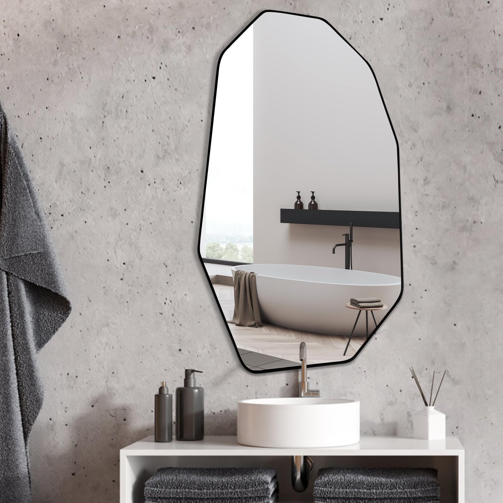 POZINO Irregular Mirror Asymmetrical Wall Mirror Geometric Mirror Squiggly Unique Shape Mirror 30 Inch Decorative Black Frame Mirror for Bathroom Living Room Bedroom Entryway, 31.5"x20"