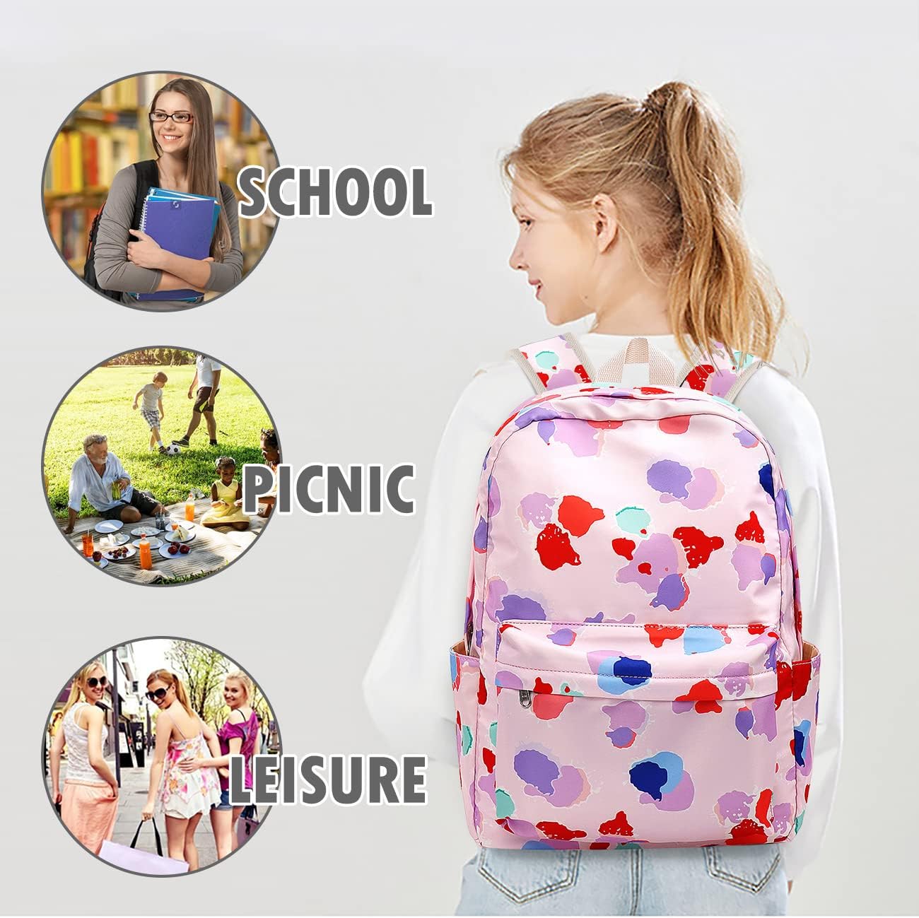 Ink Dot Backpack Set 3-in-1 Kids School Bag, Laptop Backpack Lunch Bag Pencil Case Gift for Teen Boys Girls Pink