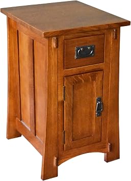 Pemberly Row Mission Style Narrow Nightstand, Solid Quarter Sawn Oak, Walnut Finish, Tapered Legs, 1 Cabinet Door, 1 Drawer with Metal Glides, Lower Shelf, Compact Side Table for Bedroom or Living