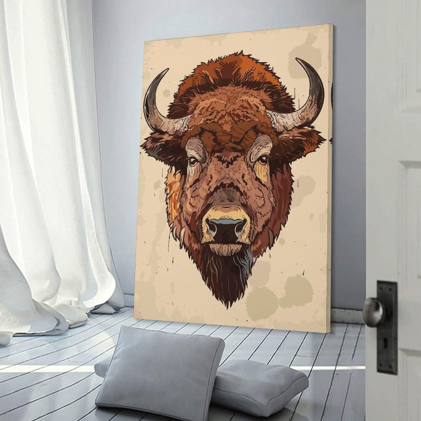 Junmoney Buffalo Head Illustration Room Decor Wall Art, 16x24inch(40x60cm), for Office, Study Or Home Workspace, Decorative Artwork for Productive Spaces
