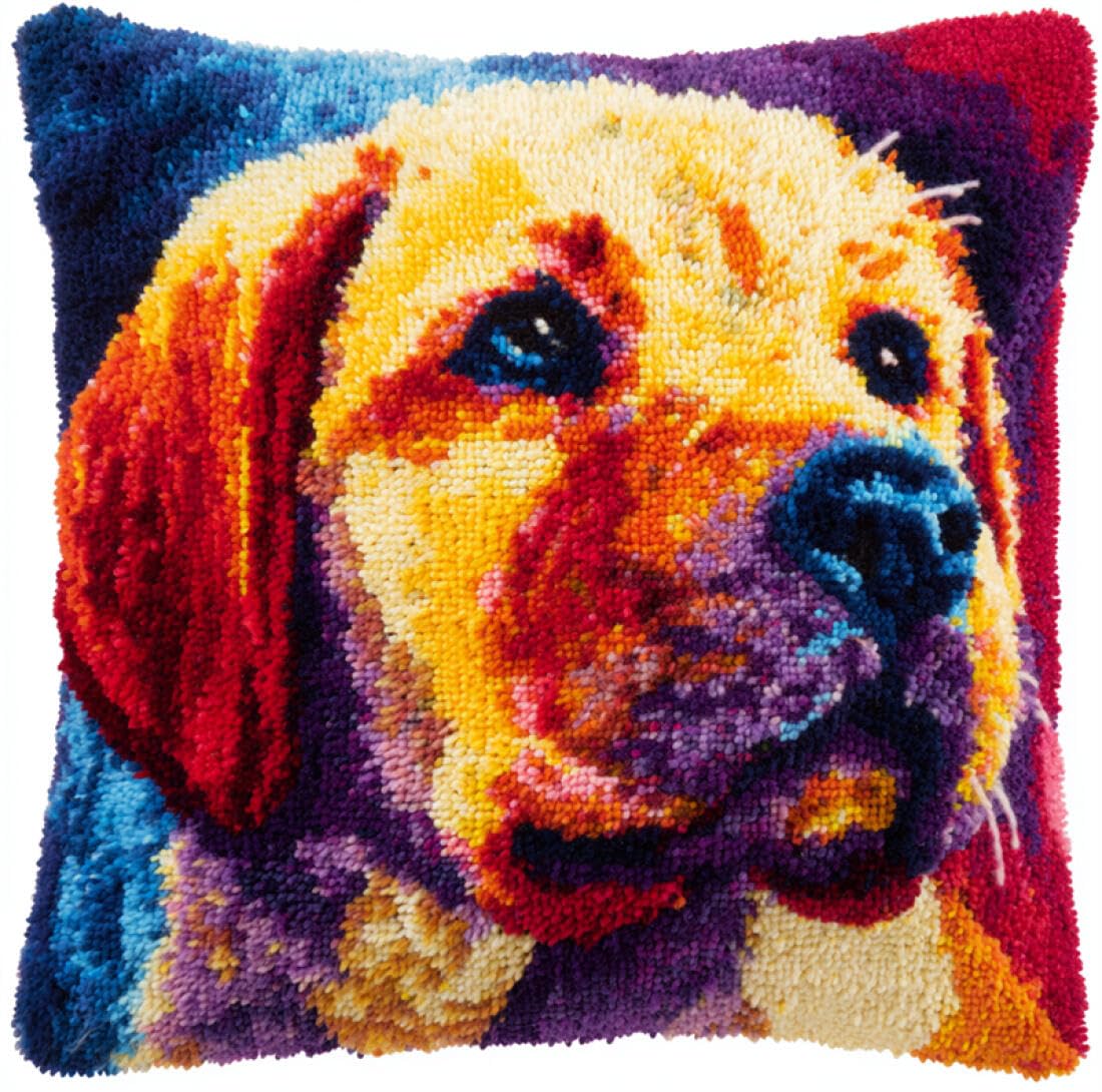 Kitquiver P Animal Latch Hook Cushion Craft Kits Cartoon Dog Diy Tapestry Throw Illow Cover Needlepoint Cushion Kits For Home Décor Needlework Kit For Beginners 17X17in