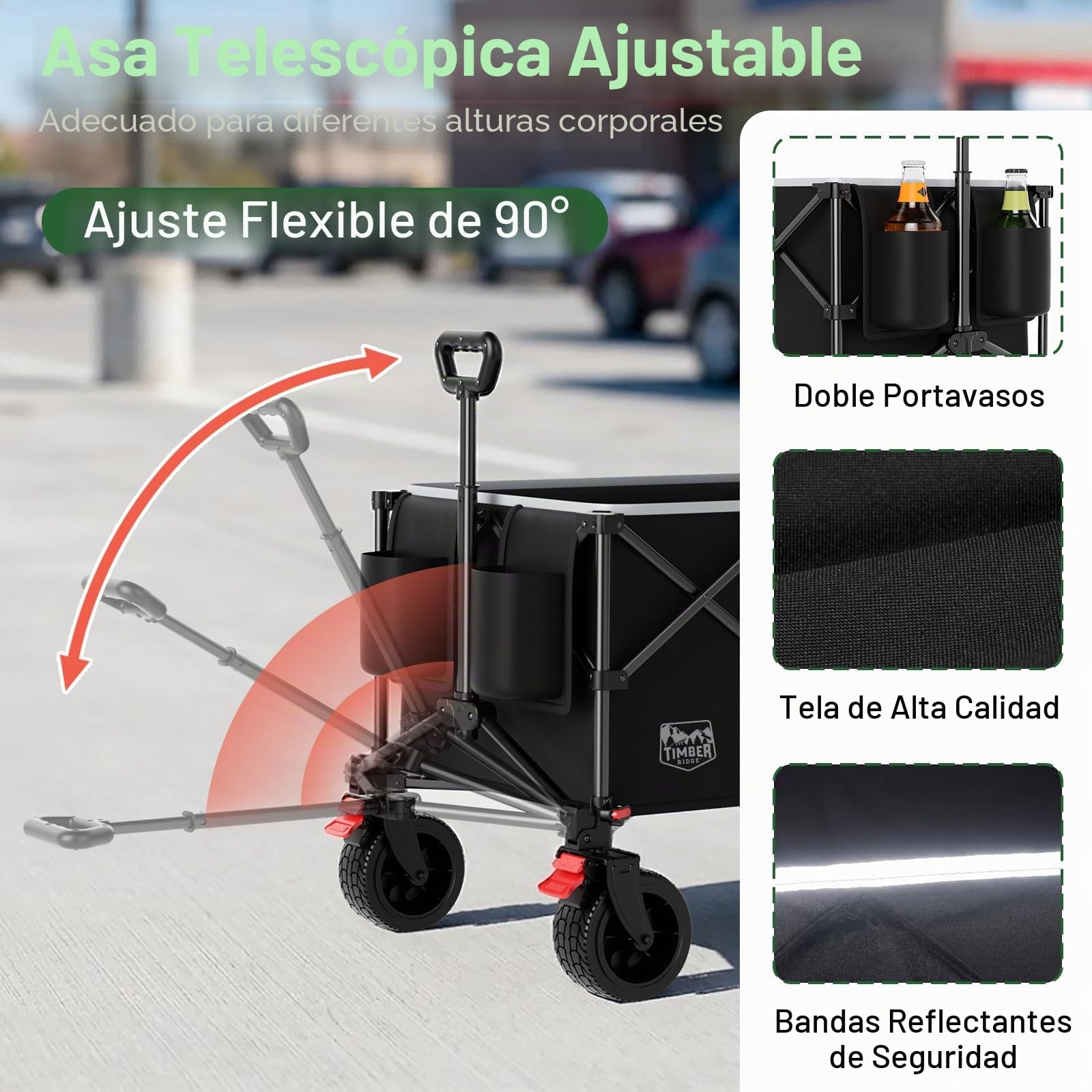 TIMBER RIDGE Carrito Plegable 300L 150kg Todo Terreno con Freno | Carrito plegable resistente de 300L y 150 kg, ruedas todo‑terreno, freno y lona extraíble, para camping, compras y jardín.
