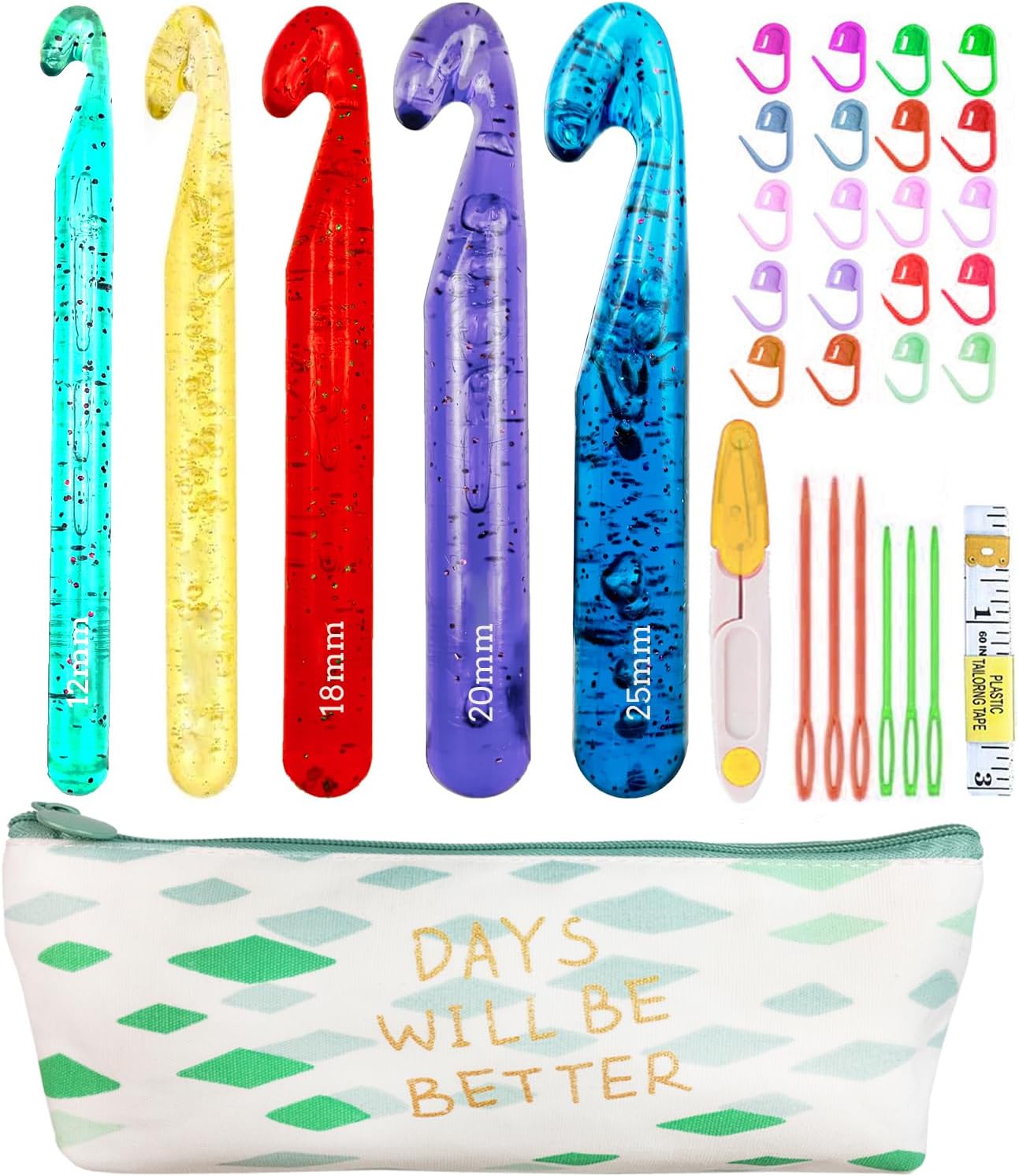 5 Large Crochet Hook,25mm 20mm 18mm 15mm 12mm Size Crochet Hook, Large Crochet Hook for Chunky Yarn,24PCS Big Crochet Hook,10mm-25mm Crochet Hook with Case (Colourful)