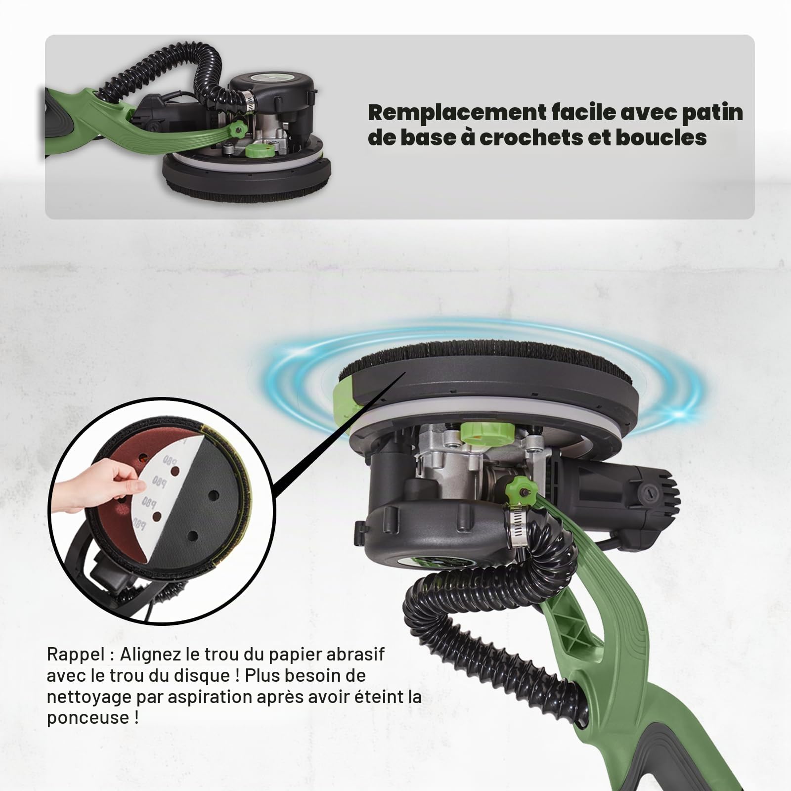 Ponceuse pour cloisons sèches, ponceuse murale 750 W avec système de vide automatique et girafe de ponçage Ø 214 mm avec sac d'aspiration, lumière LED, boîte de vitesses à 7 vitesses, meuleuse de
