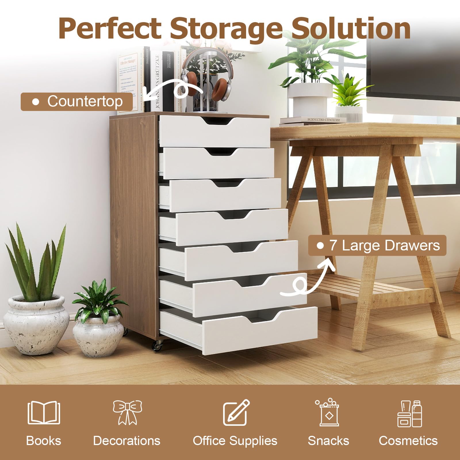 FANTASK Rollcontainer mit 7 Schubladen, Büroschrank Holz auf Rollen, mobiler Aktenschrank, Schubladenschrank für Zuhause Büro (Natur)
