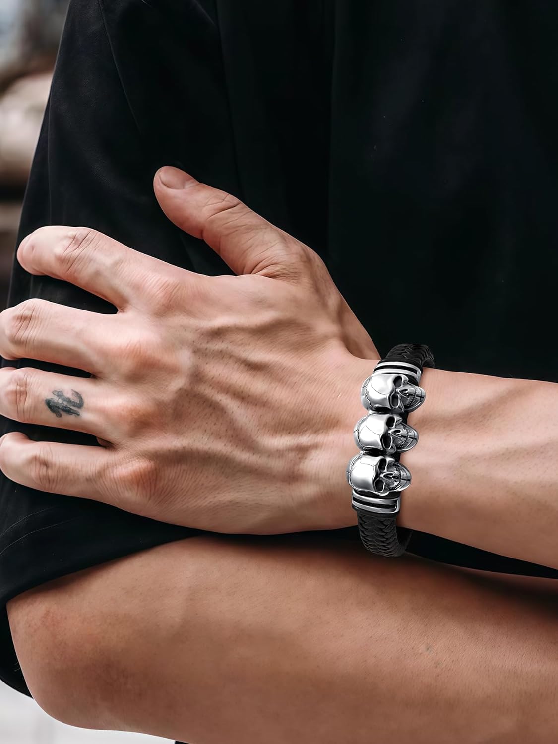 Gothic Skull Braided Leather Cuff Bracelets for Men Women,316L Stainless Steel/18K Gold Plated/Black Punk Skeleton Head woven Leather Bracelet Party Accessories for Rapper Motorcycle Biker 7.5-9 inch - Image 4