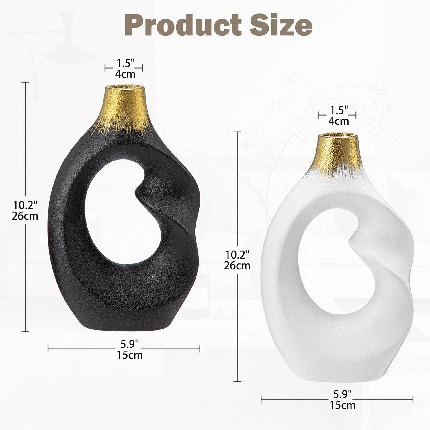 Black and White Donut Vase Set of 2 - Modern Ceramic Vases for Flowers, Centerpieces, Shelf, Entryway, Coffee Table, Living Room - Home Decor