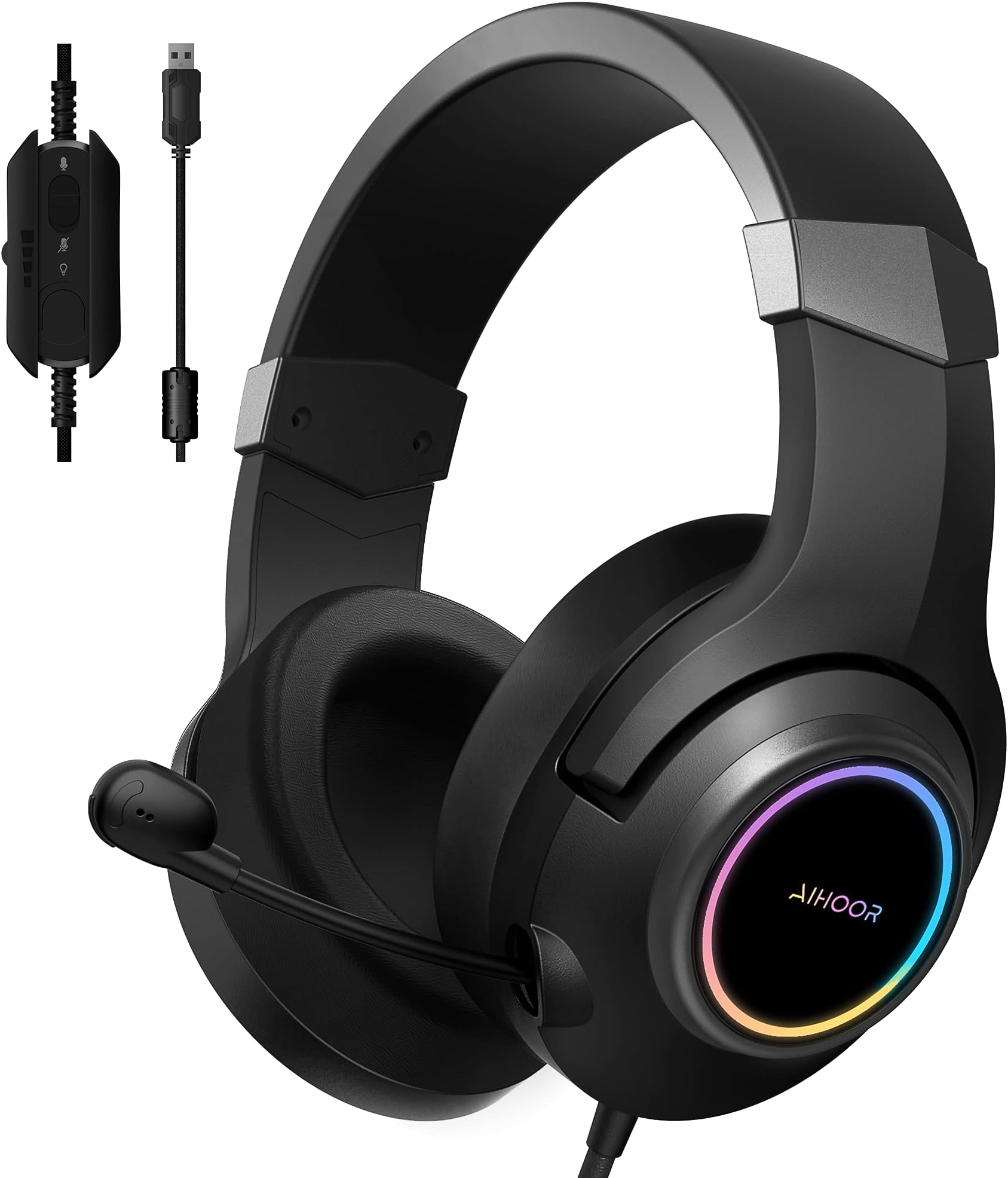 AIHOOR Gaming Headset with Virtual 7.1 Surround Sound,Over Ear Headphones,Noise Cancelling Microphone,Ultra-Low Latency Games & LED Light Soft Memory Protein Earmuffs for PC Mac Computer Games- Black