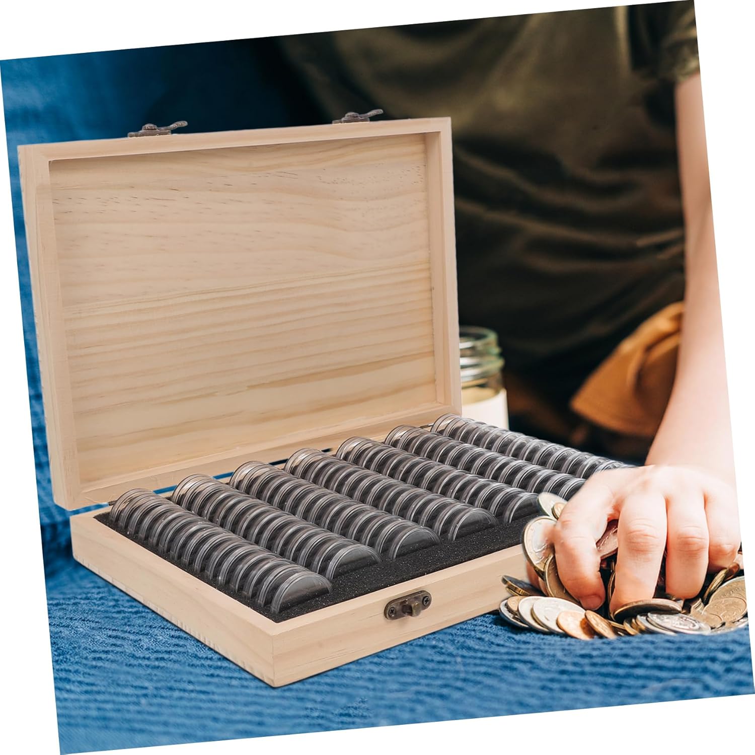 Veemoon Wooden Coin Storage Box for 100 Coins and Display Holder and Collecting Accessories