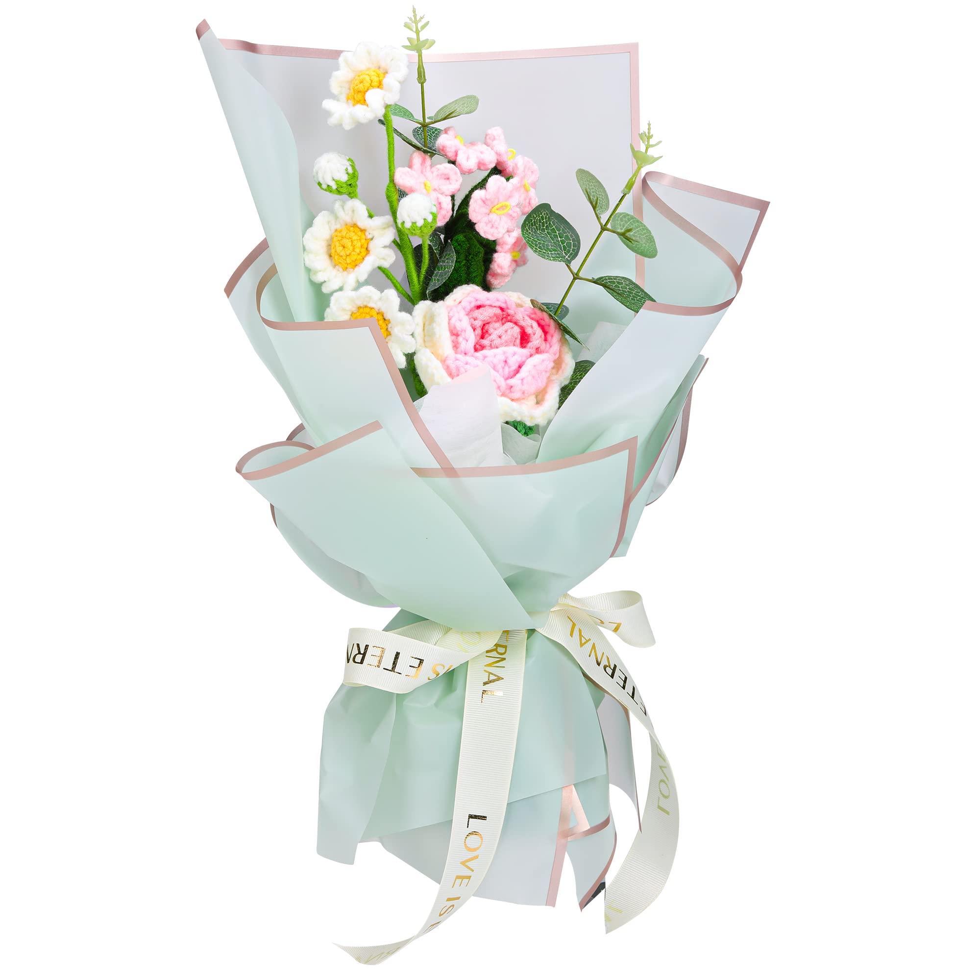 YIDADACrochet Flower Bouquet Handmade Knitted - Artificial Roses Daisies Forget-me-nots Bouquet Decor, Delicate and Cute Crochet Flowers for Party, Table Centerpieces, Mother's Day Gift