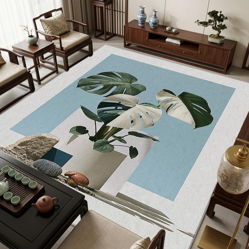 Tapis Monstera 250x250 cm carré pliable et lavable motif feuille vert moderne pour salon Japandi