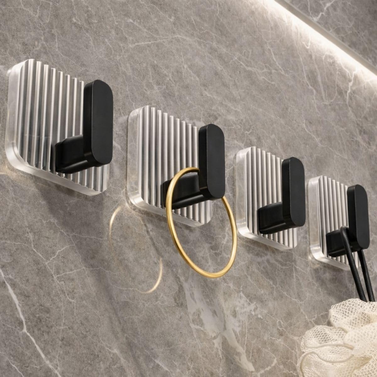 - Self Adhesive Wall Hook for Bathroom and Kitchen, Transparent Square Base with Metal Hook, No Drill Wall Mounted Hanging Hook (Stylish, 4) (Black)