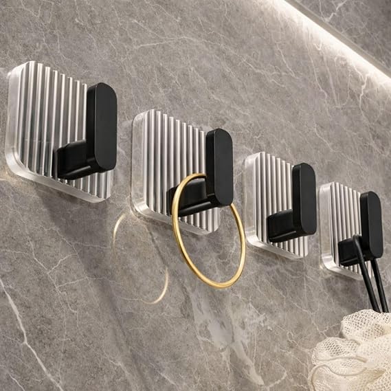 ONISWELL Self Adhesive Wall Hook for Bathroom and Kitchen, Transparent Square Base with Metal Hook, No Drill Wall Mounted Hanging Hook (Stylish, 4) (Black)
