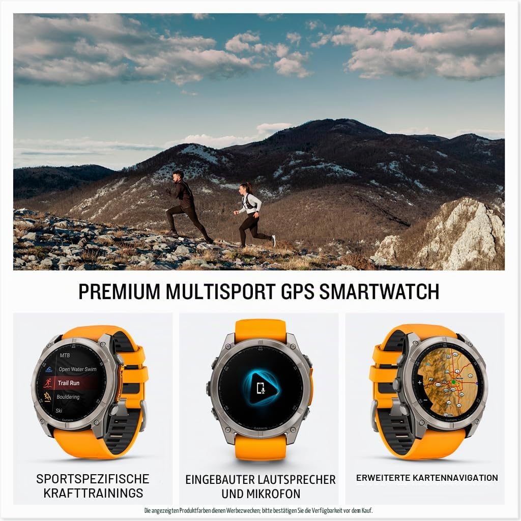 Garmin fēnix® 8-51mm AMOLED Saphir Premium Multisport GPS Smartwatch Lange Akkulaufzeit Tauchbewertet Integrierte LED-Taschenlampe Titan mit Spark Orange/Graphit Band