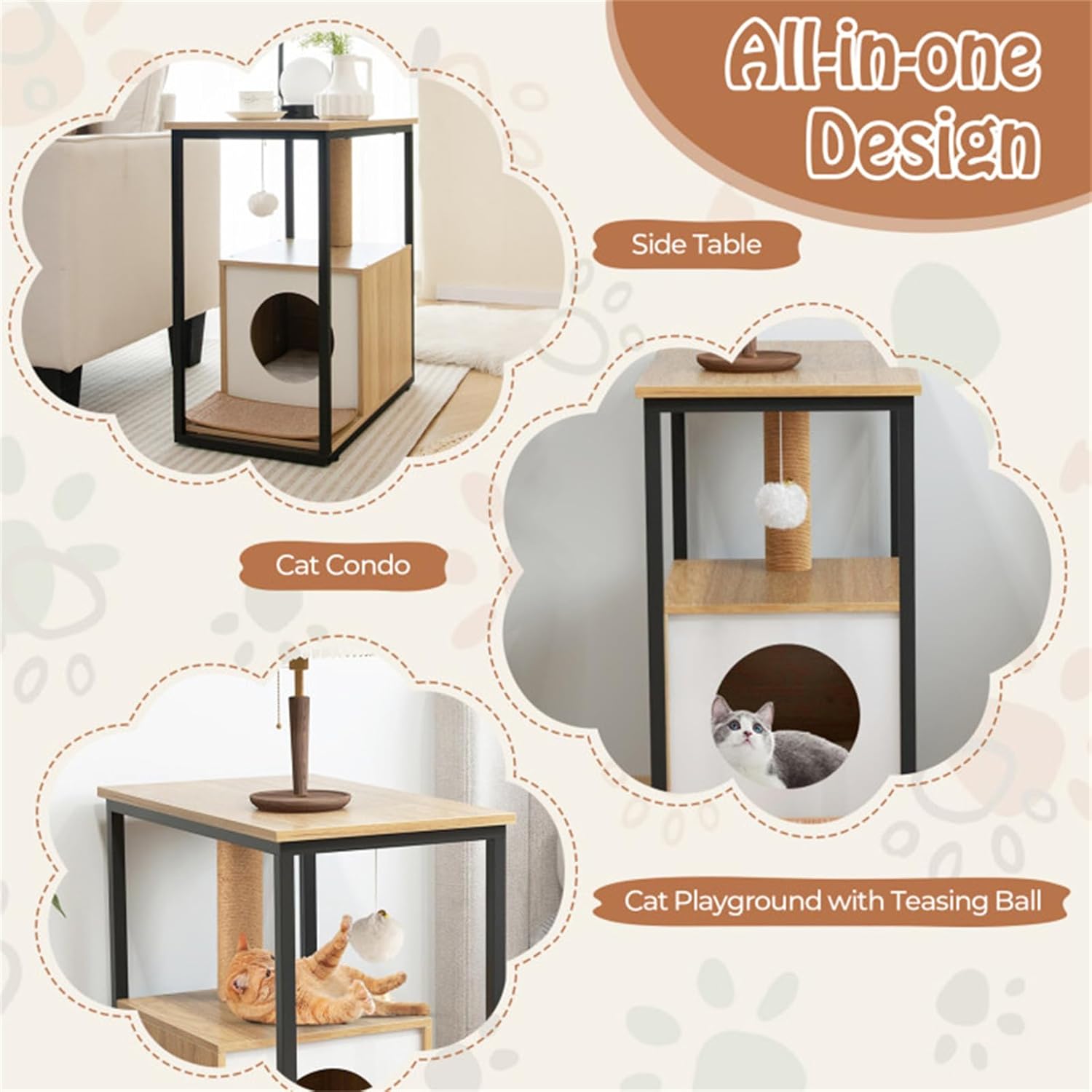 review Wooden Cat Tower Tree with Cat Condo, Perch and Scratching Post, Sofa End Table with Cat House, Modern Cat Furniture Small Console Table with Cat Climbing Frame,Wood