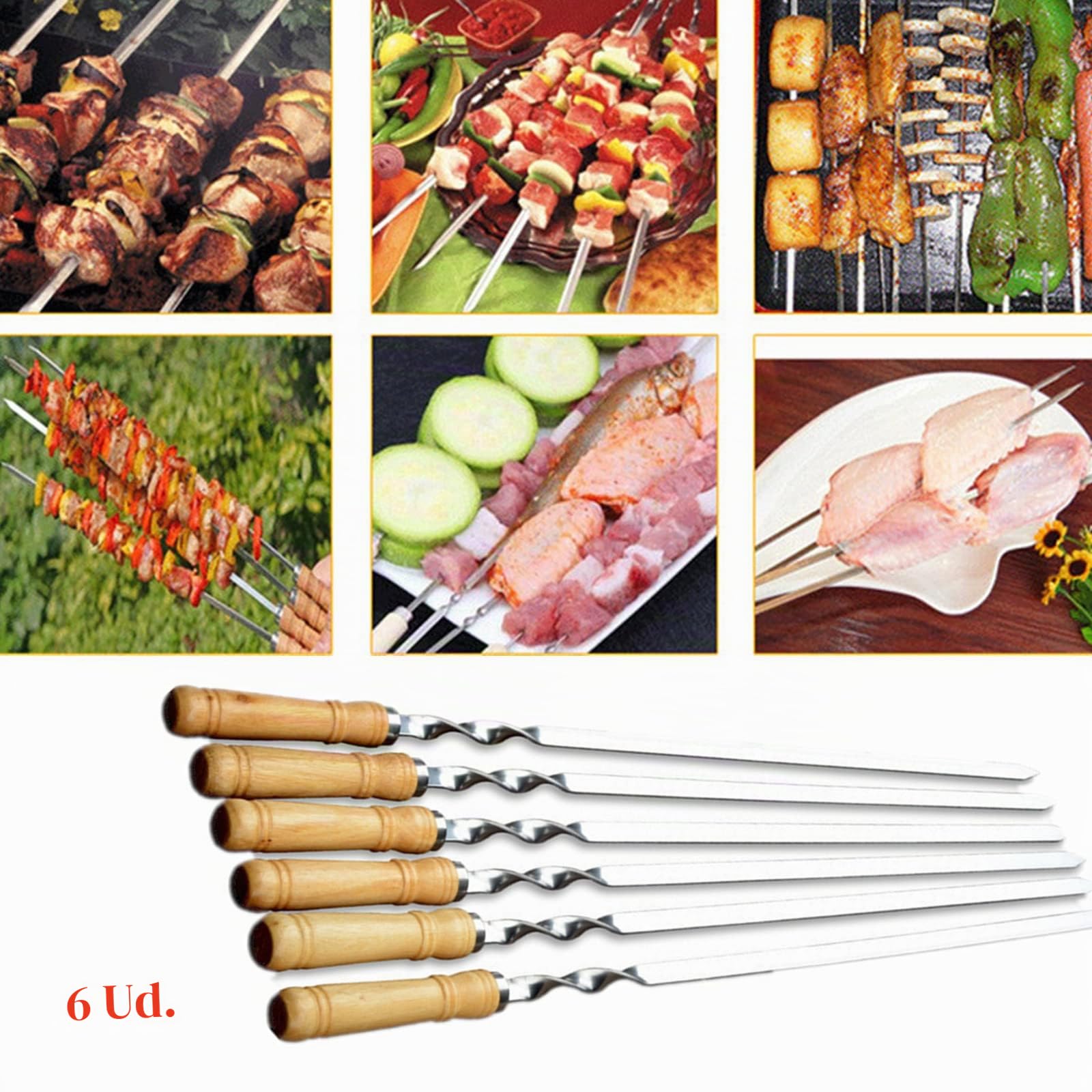 Pinchos planos de acero inoxidable con mango de madera, tenedor de carne 55 cm, brochetas shish kebab, skewers reutilizables de metal, accesorios para barbacoas