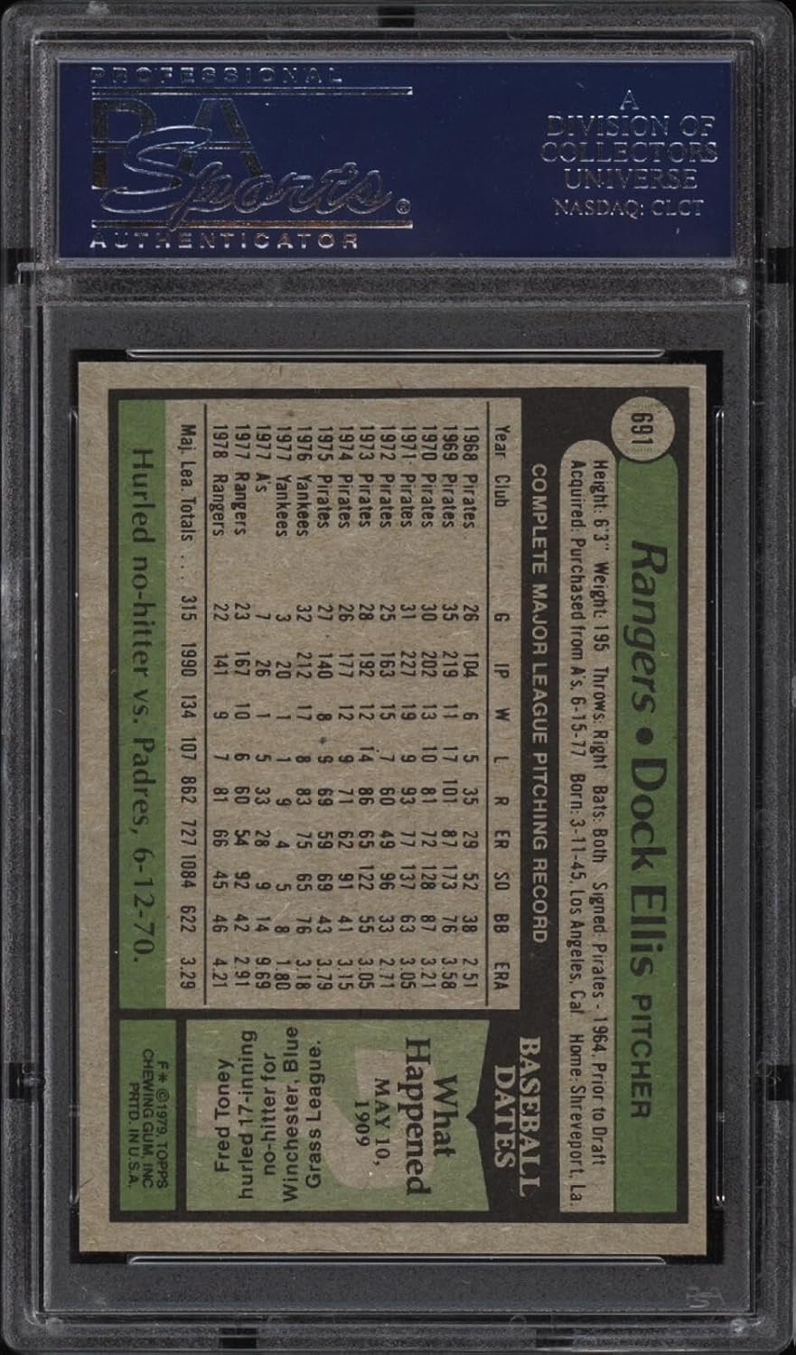 1979 Topps #691 Dock Ellis - Rangers - PSA 10-17372626 - Baseball Card - Slabbed Baseball Cards
