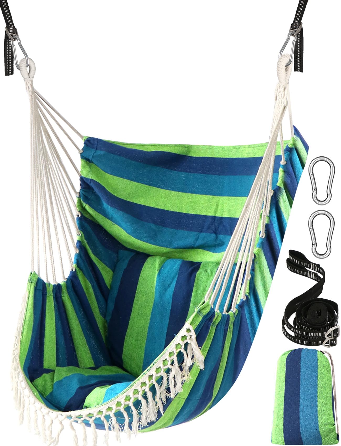 Chihee Hammock Chair Hanging Swing 2 Seat Cushions Included,Strong Webbing Straps and Hooks for Easy Hanging Soft Cotton Weave Hanging Chair Side Pocket Large Tassel Chair Set Comfort Indoor Outdoor